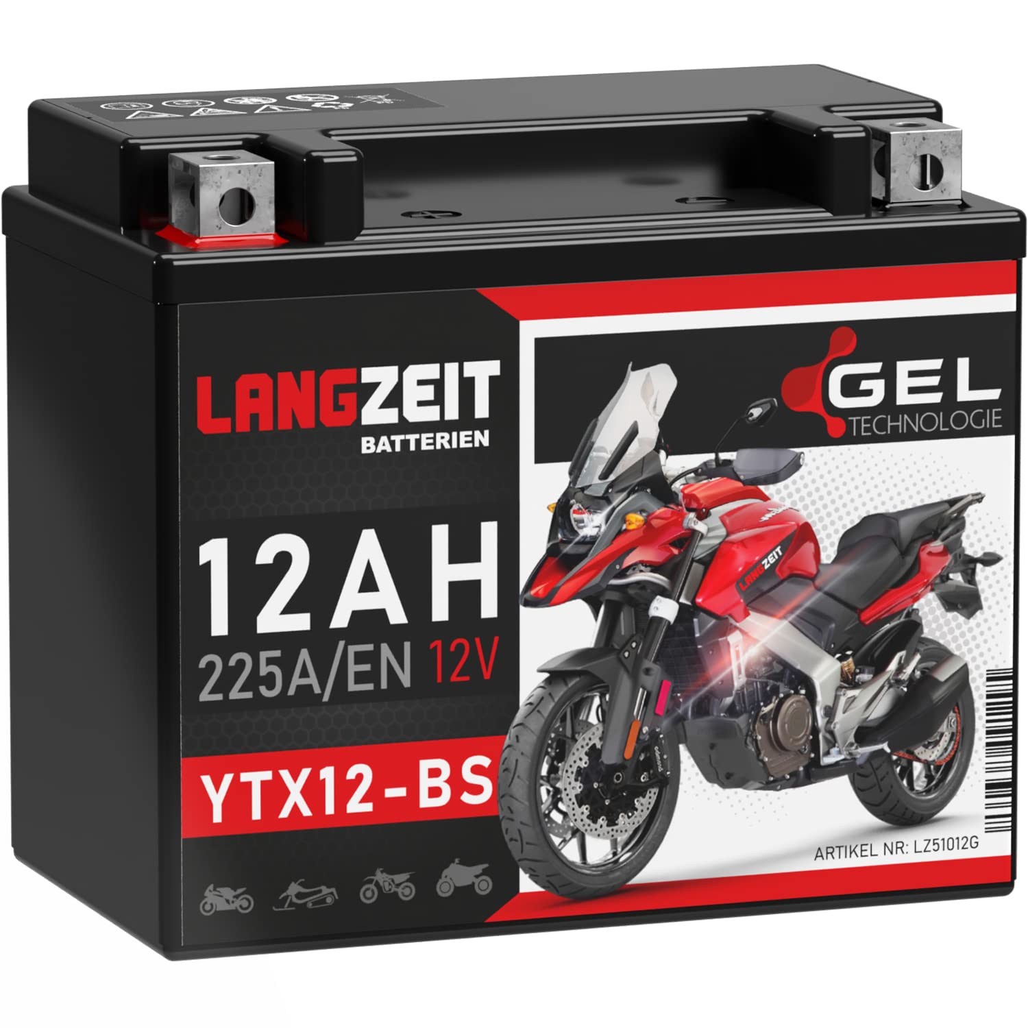 LANGZEIT YTX12-BS Motorradbatterie 12V 12Ah 225A/EN Gel Batterie