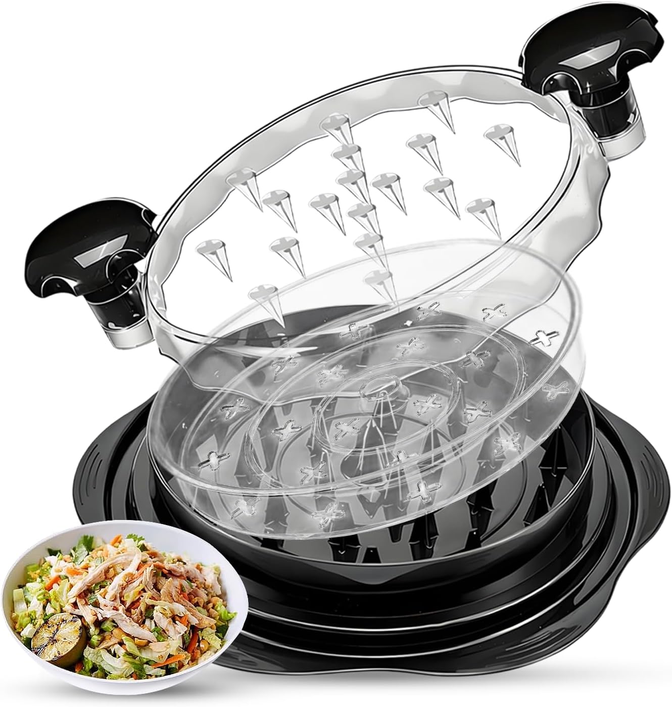 Chicken Shredder Tool Twist Large Meat Shredders for Chicken Breast, Kitchen Gadgets Meat Grinder with Visible Lid, Strong Anti-Slip Strip, Removable Tray, Ergonomic Handles, BPA Free (Black)