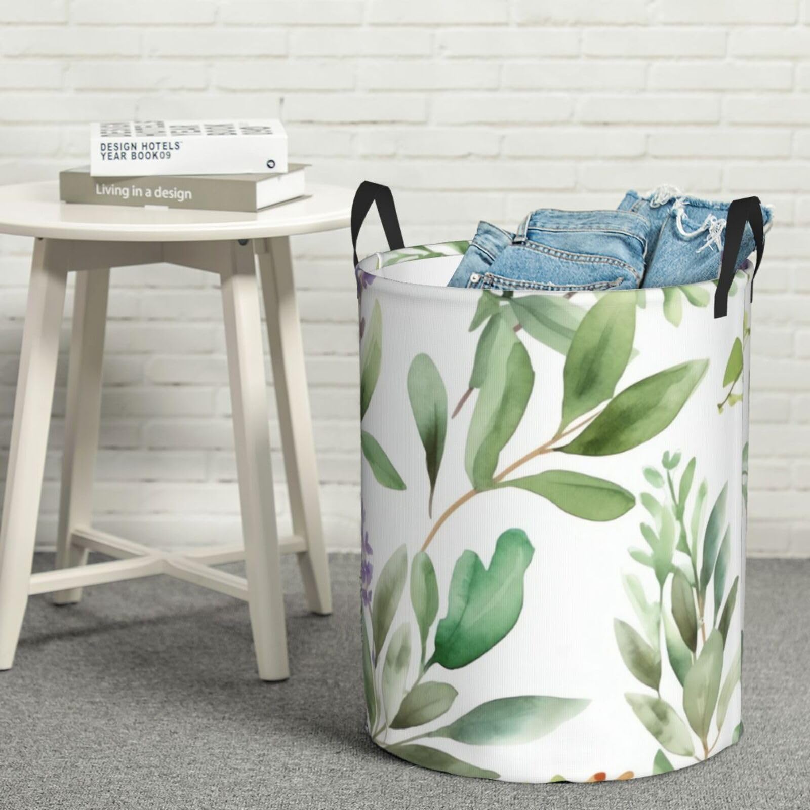 Fodpand Black Green Flower Laundry Basket With Handle, Freestanding Laundry Hamper, Collapsible Dirty Clothes Hamper, Waterproof Fabric Blanket Storage Basket Tall Toy Storage Bin Room Decor Medium