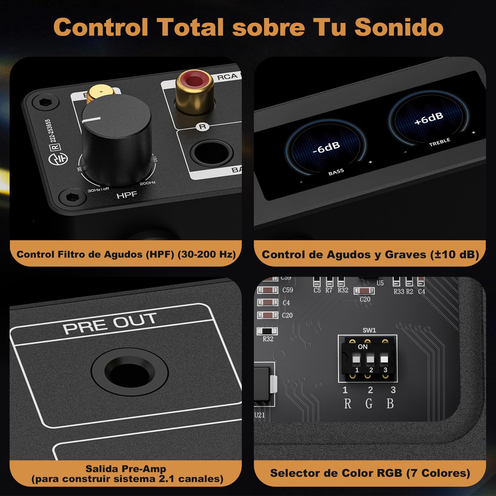 Amplificador Bluetooth HiFi: Amplificador Estéreo con BT 5.2 | HPF | Medidor Digital VU | Sub Pre-Out | Entrada TRS Equilibrada | Control de Tono y Control Remoto para Cine en Casa y Sistema de