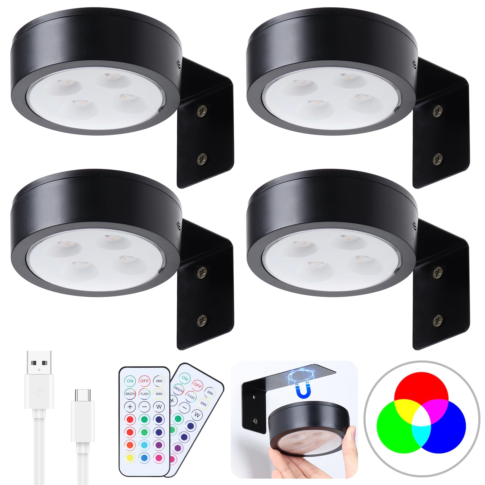4 Pack Picture Lights for Wall, Black Rechargeable Magnetic with Remote