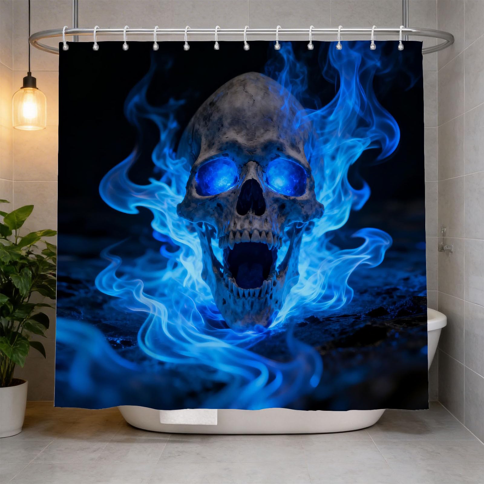 Hongduo 3D Blue Flame Skull Shower Curtain for Stalls Bathtubs Horror Art Bathroom Decor Shower Curtain Set Polyester Fabric Waterproof 180x180cm/71X71 Inch with Hooks