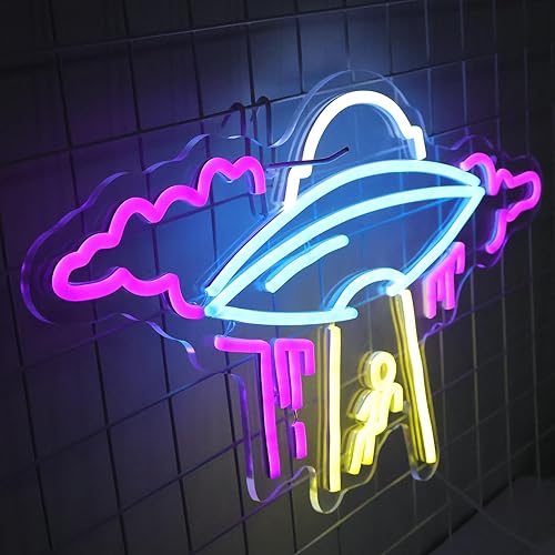 Miniatura 5 de Letrero de neón OVNI grande de 22 pulgadas para decoración de pared, luz de neón de nave espacial regulable, decoración de nave espacial alimentada