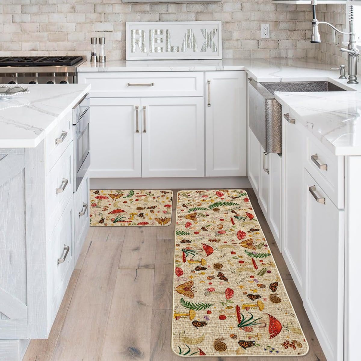 Artoid Mode Mushrooms Butterfly Spring Kitchen Mats Set of 2, Home Decor Low-Profile Kitchen Rugs for Floor - 17x29 and 17x59 Inch