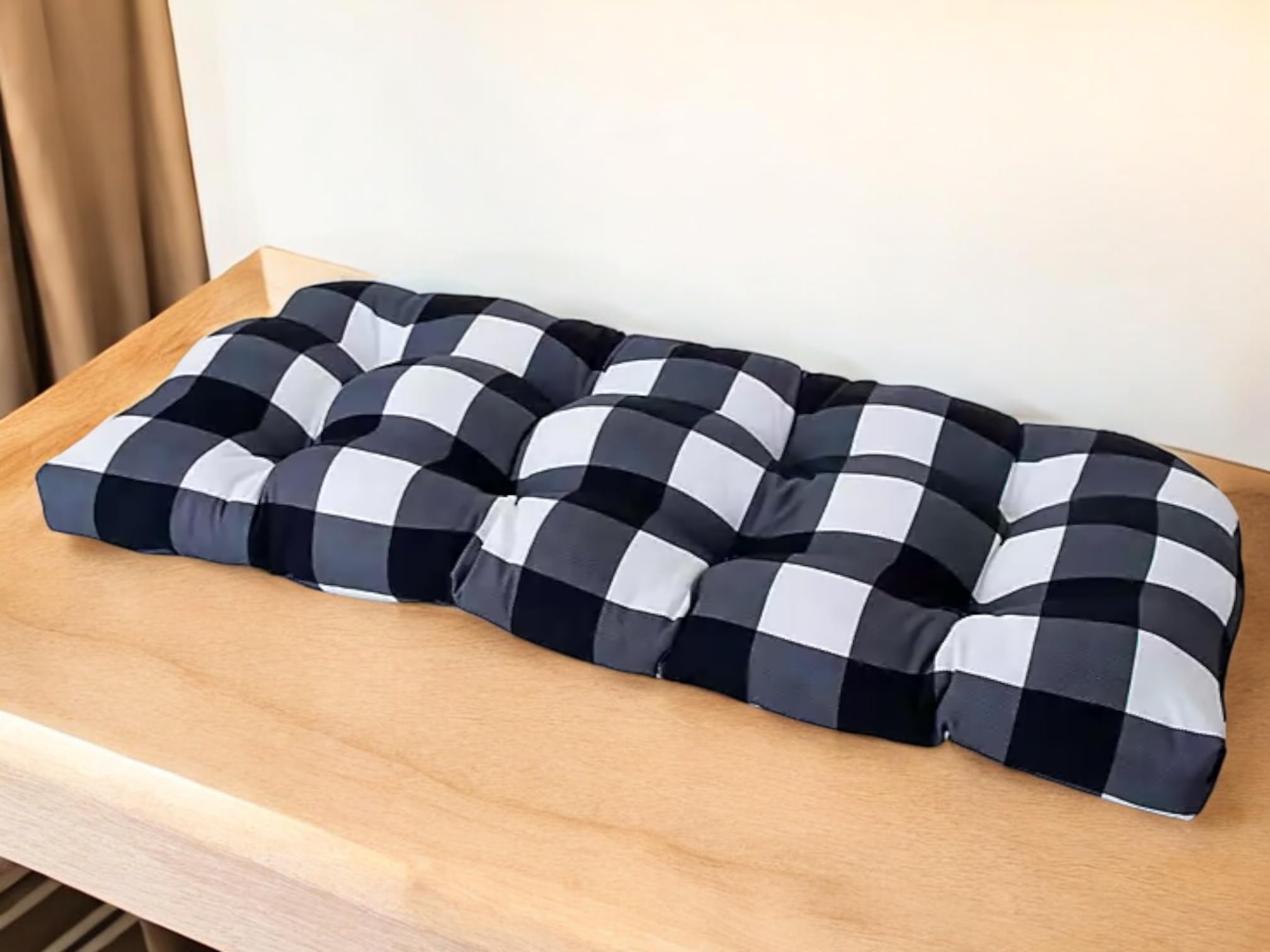 ATOOTFUSION Buffalo Check Indoor Bench Cushion, Black and White Plaid, Tufted Seat Pad with Ties 48X18 Inch 2