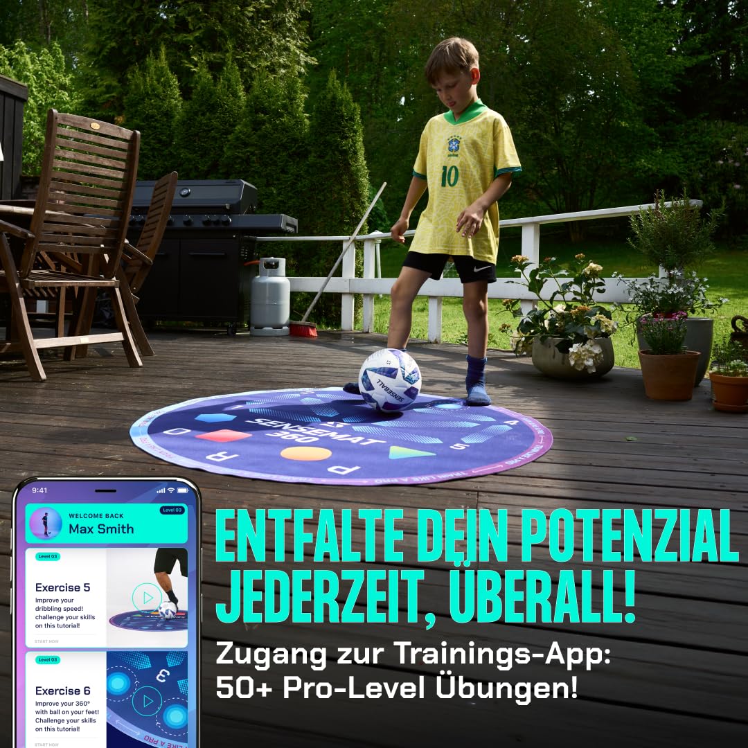 SenseMat 360 Fußball Trainingsmatte - 360° Reaktionstraining für Kinder & Erwachsene - Rutschfest - Mit App-Zugang & 50+ Übungen - Fußarbeit, Koordination & Kontrolle verbessern