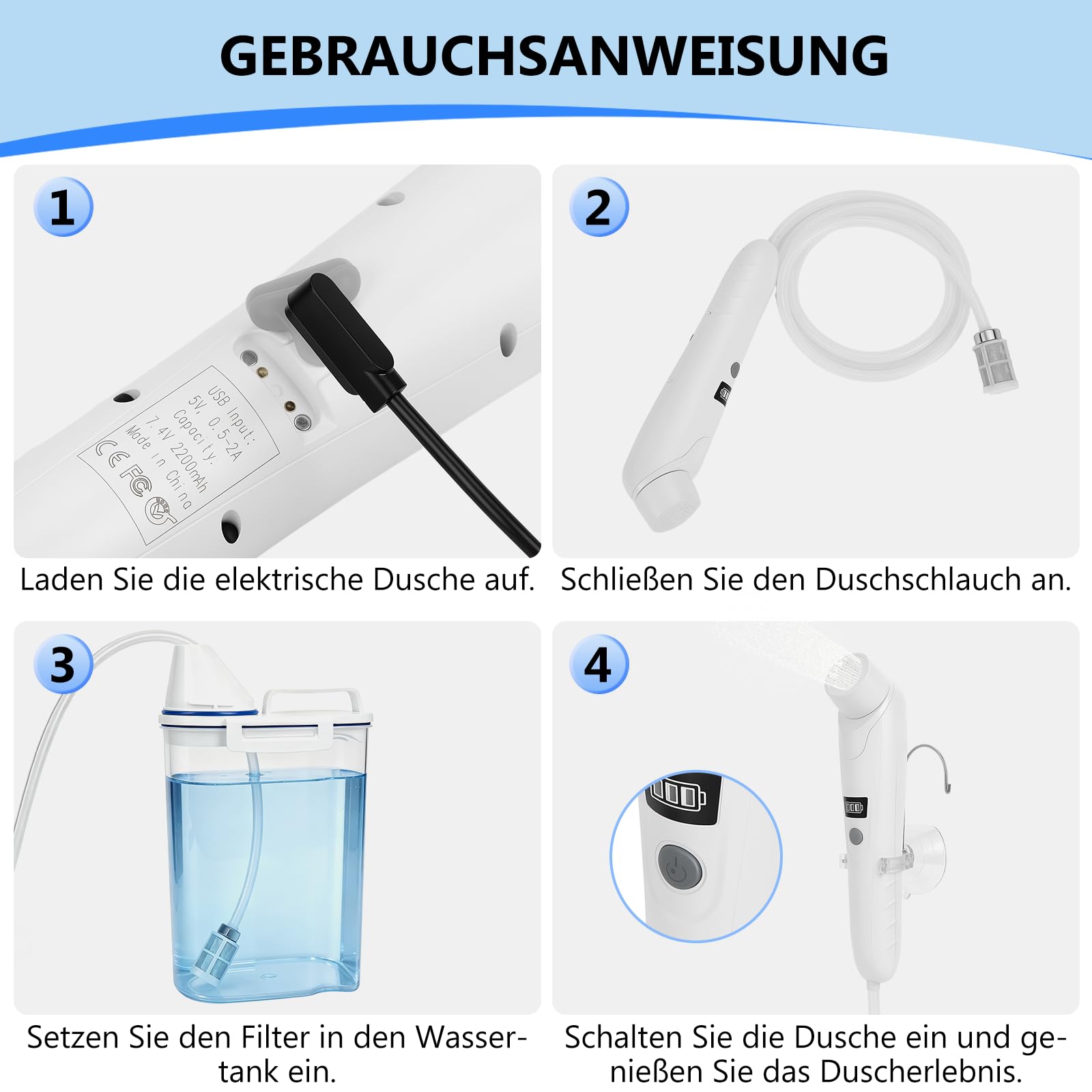Doccia elettrica portatile da campeggio con serbatoio dell'acqua da 2 l, ricaricabile, per toilette all'aperto, campeggio, doccia mobile per doccia intima, letto settimanale, bottiglia perineale
