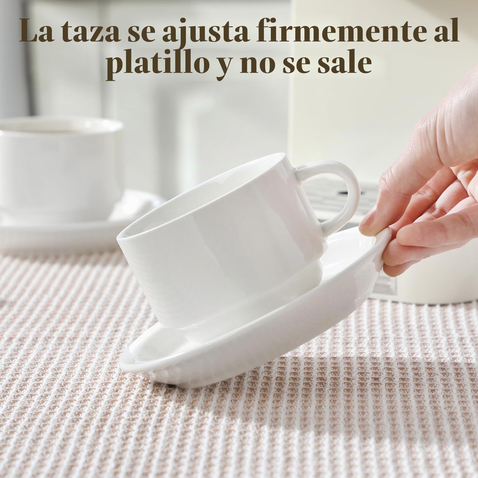 MALACASA Serie REGULAR, Juego de 4 Tazas de Café para 4 Personas, 270 ml, Servicio de Café Apilable con Platillo y Soporte Metálico, Ideal para Espresso, Capuchino, Latte, Moka y Té, Color Blanco