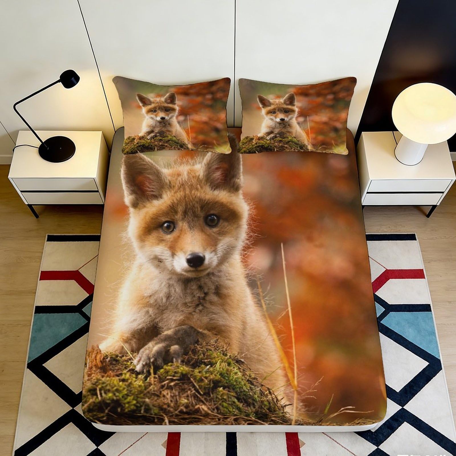 3D Printed Fox Forest Fitted Sheet Microfiber Anti-Slip Autumn Woodland Mattress Cover for Bedroom Guest Room Decor 200x200x25cm
