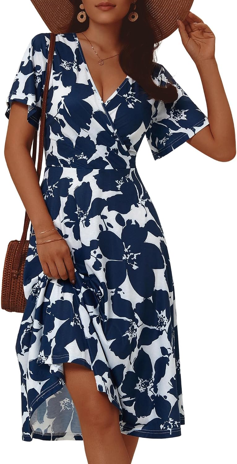 Loemes Women's Spring Floral Short Sleeve Wrap V Neck Casual Sundresses with Pockets Flowy Summer Dresses for Women