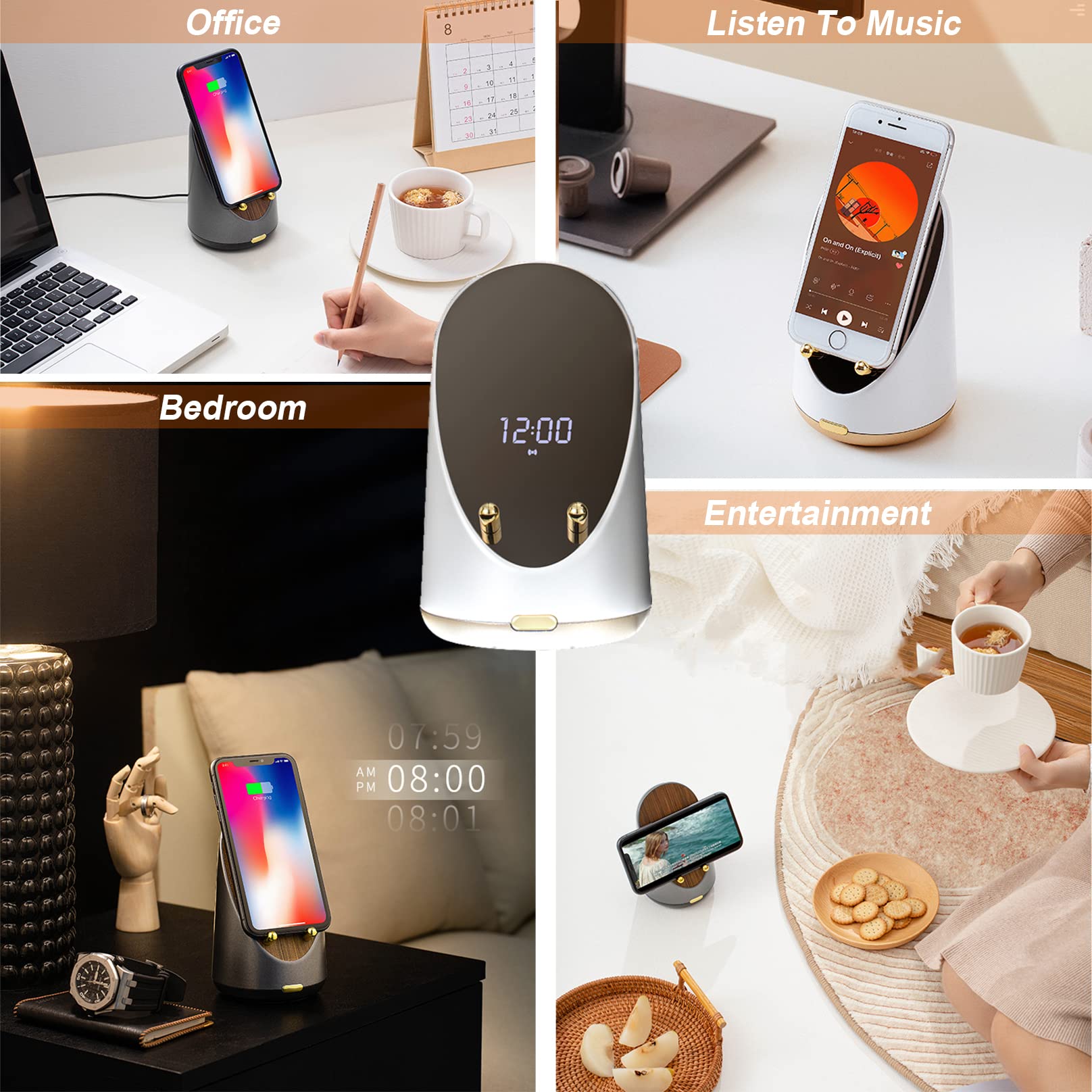 Stojak na telefon komórkowy na biurko uchwyt na smartfona z bezprzewodowym ładowaniem, głośnikiem Bluetooth i budzikiem, akcesoria biurowe do domu prezent na Halloween Boże Narodzenie
