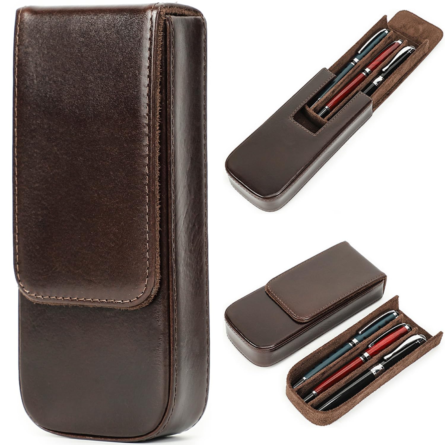 CataPurus Top Grain Genuine Leather 3 Pen/Pencil Tray Case Holder, Minimalist Fashion Design, Handmade, Magnetic Closing with Drawer Design, Gift Choice for Man/Woman/Office, Glossy Coffee, 3 Slots — image 1