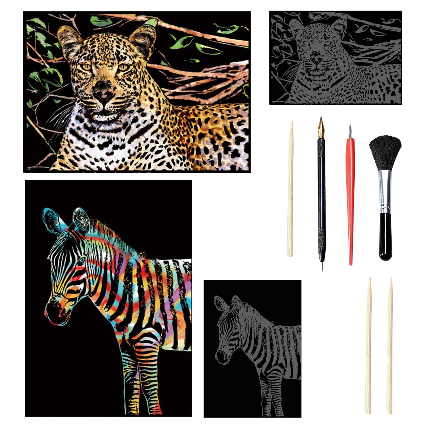 HIVTE 2 Pcs Scratch Art for Adults & Kids, DIY Animal Series Foil Engraving Crafts with Tools (A3-Cheetah & Zebra)