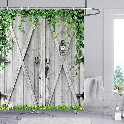 Miniatura 30 de Cortina de ducha rústica con diseño de puerta de granero para baño, cortinas de decoración de baño con tablero de madera de campo retro, conjuntos