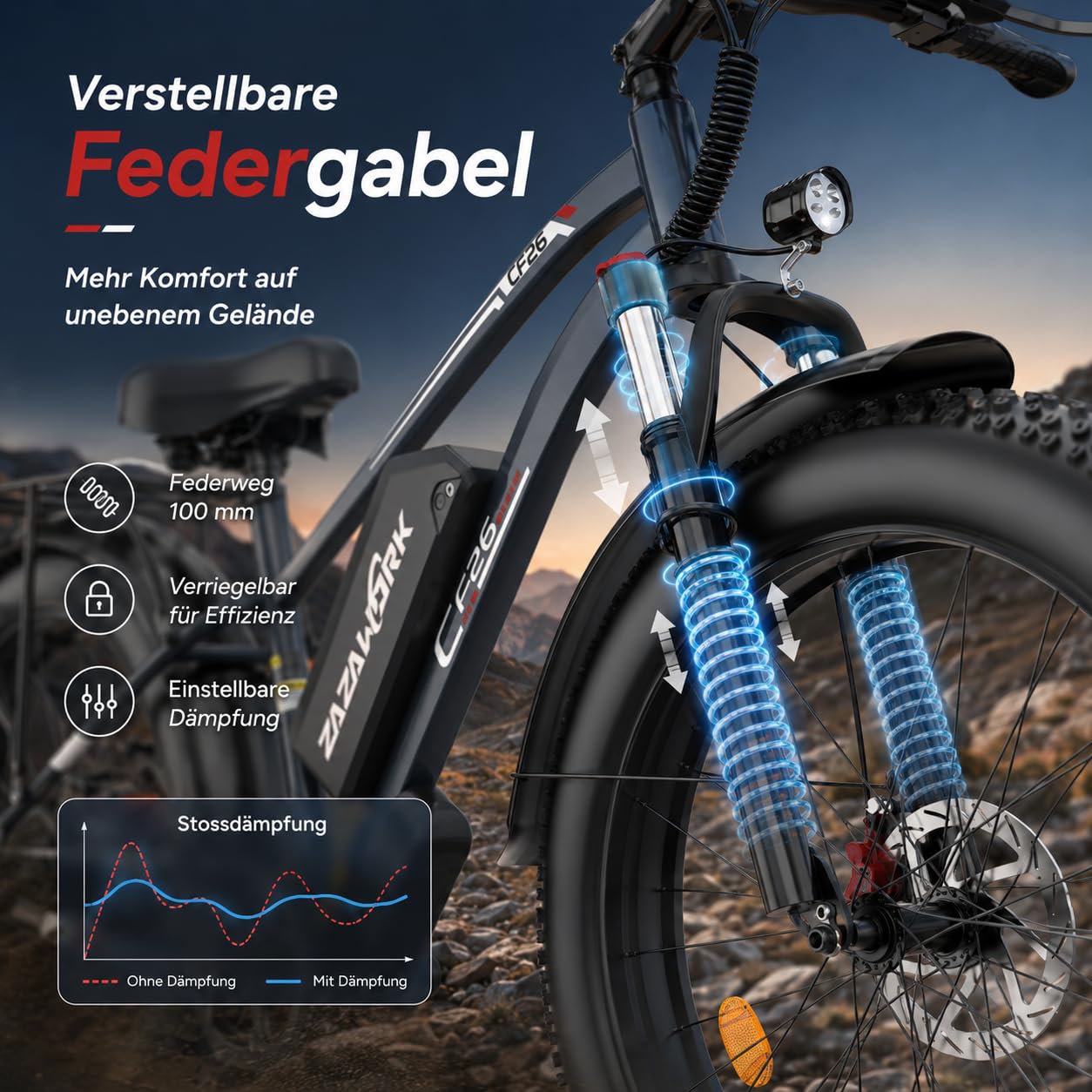 E-Bike Herren Mountainbike 250W Motor 25km/h，48V20AH Akku | 100-120km Reichweite, 48V20AH Akku, 7-Gang, Lockbare Federgabel & hydraulische Scheibenbremsen, Für Berg & Trail