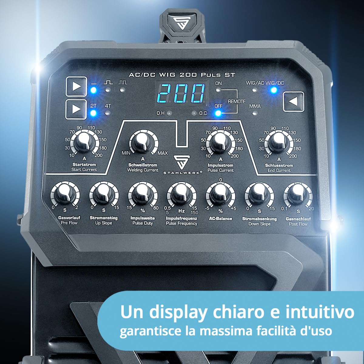 STAHLWERK Saldatrice AC/DC TIG 200 Puls ST – Inverter IGBT con modalità AC, MMA (elettrodo) fino a 200 A, innesco HF, funzione Pulse, 2T & 4T, Hotstart, per alluminio & lamiere sottili