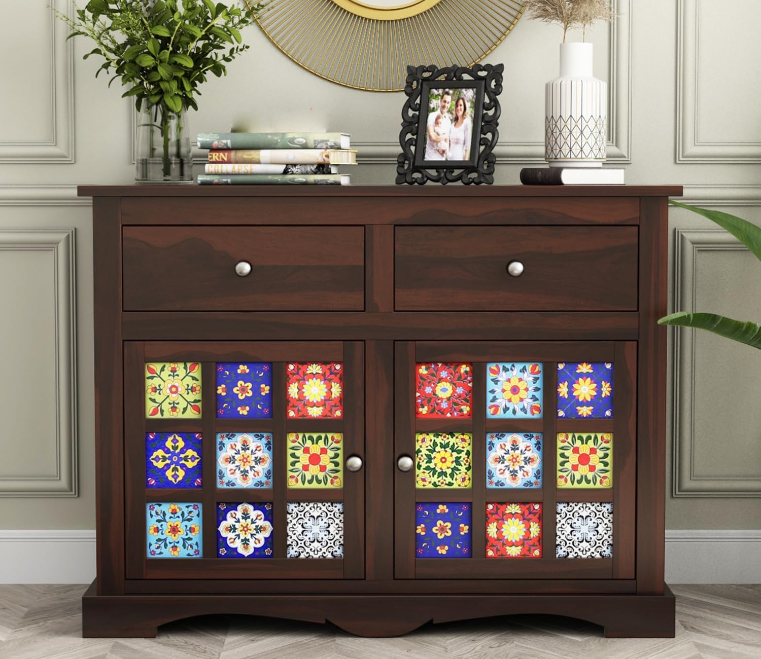 Chestify Furniture Solid Sheesham Wood Wooden Cabinet Sideboard with 2 Drawers and 2-Door Storage (Walnut)-picture-29