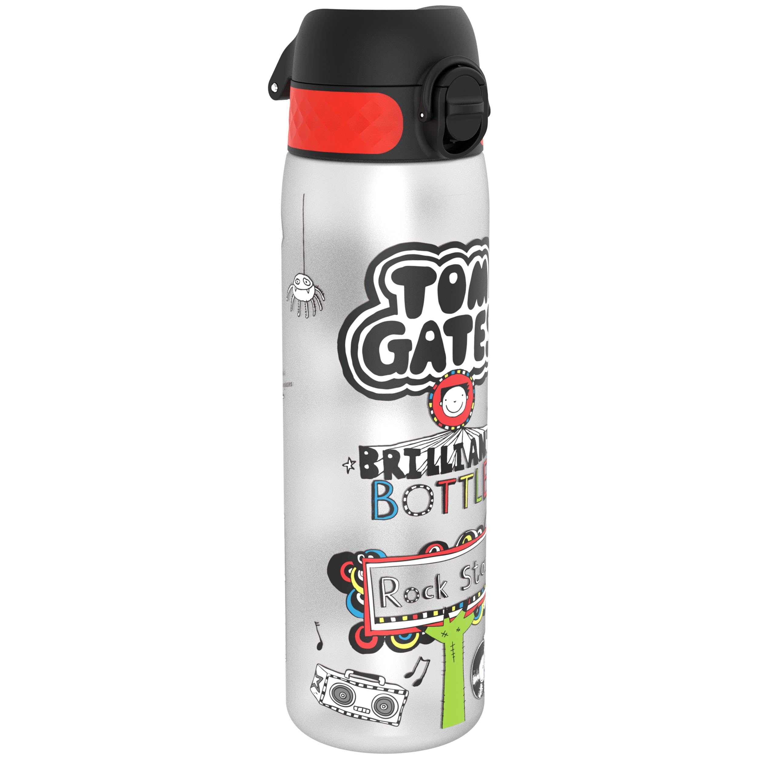 ion8 Tom Gates Rockstar Trinkflasche, 500 ml, Auslaufsicher, Einhandöffnung, Sichere Verriegelung, Spülmaschinenfest, BPA-frei, Tragegriff, Klappdeckel, Leicht zu Reinigen, Klimaneutral,