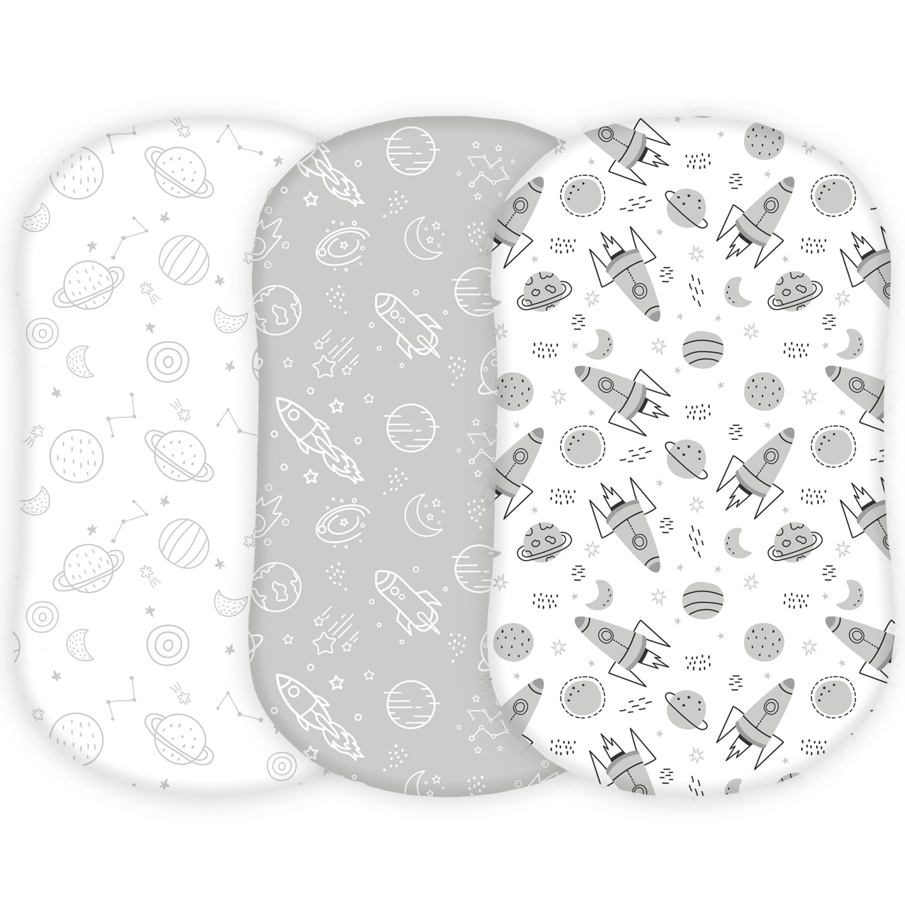 TansyPanda – Lot de 3 draps de berceau pour berceau Halo Swivel, Flex, Glide, Premiere et Luxe Series, 83 x 43 cm, ultra doux et ajusté, unisexe, garçons et filles, gris blanc (fusées spatiales)