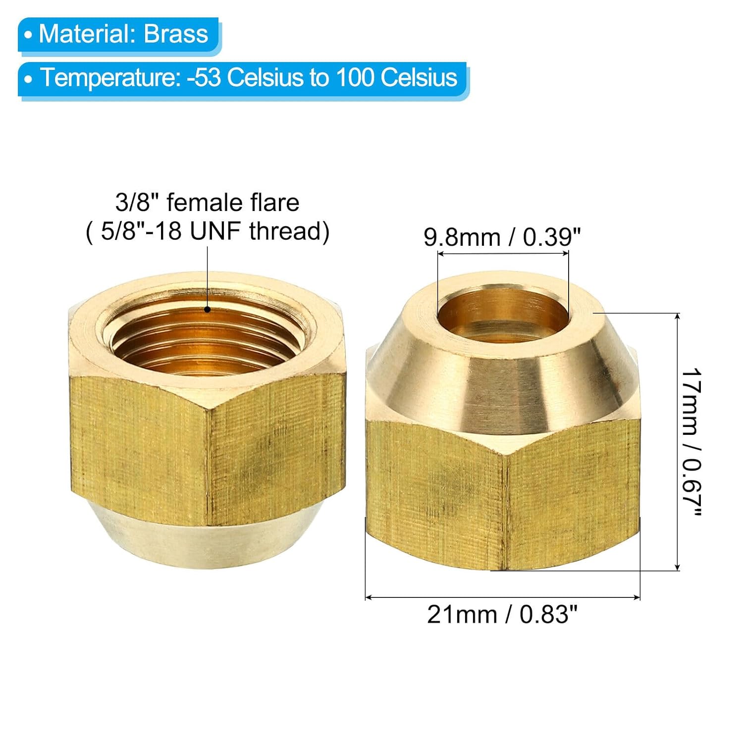 #US 10pcs 3/8 SAE Brass Flare Nut 45 Degree Copper Flared Pipe Fitting Cap Glossy