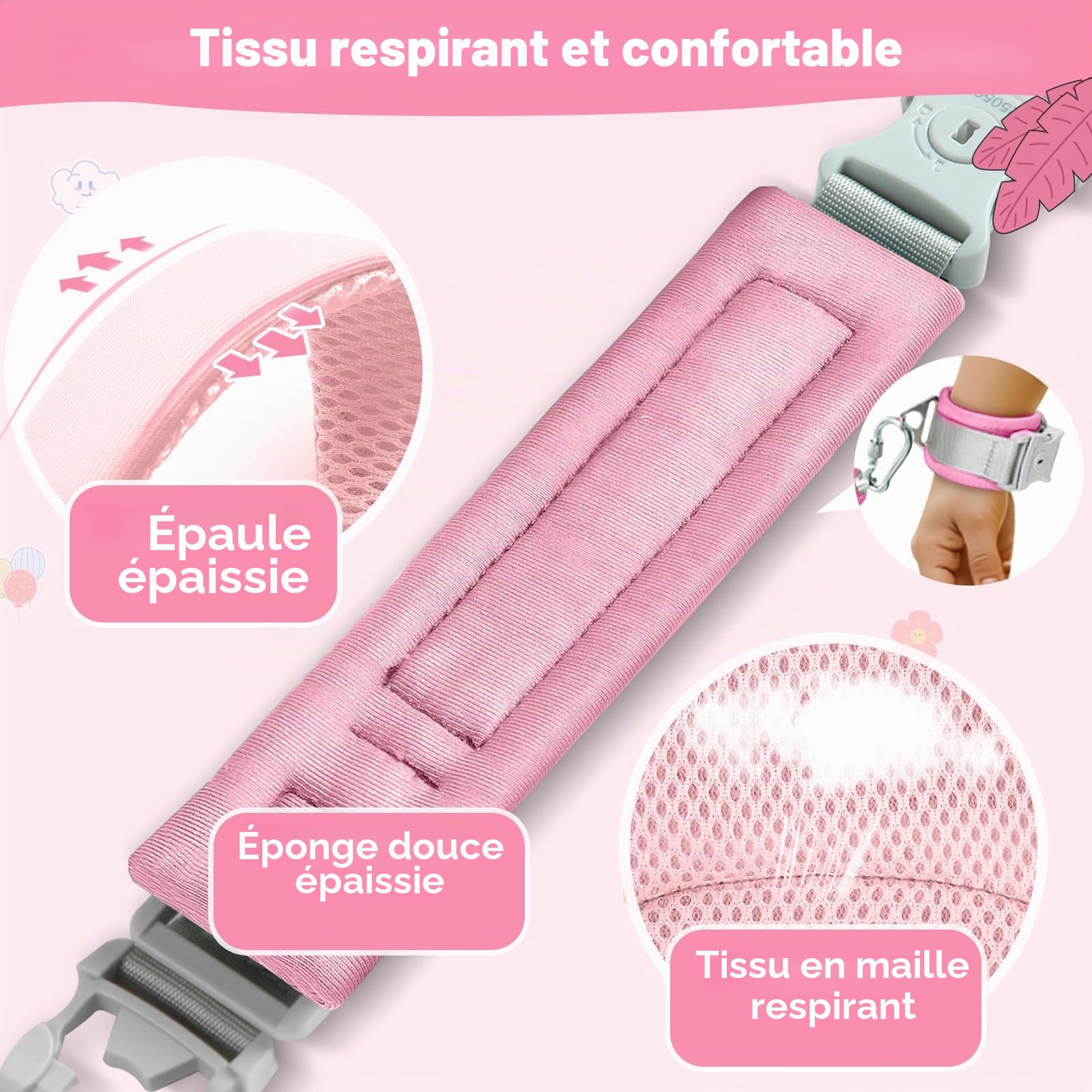 Dr.meter Laisse pour Enfant, 3 en 1 Sac à Dos Anti-Perte avec Laisse Rotative à 360° de 1,2M Rose Dinosaure Mignon avec Serrure, Equipement de Sécurité pour L'extérieur