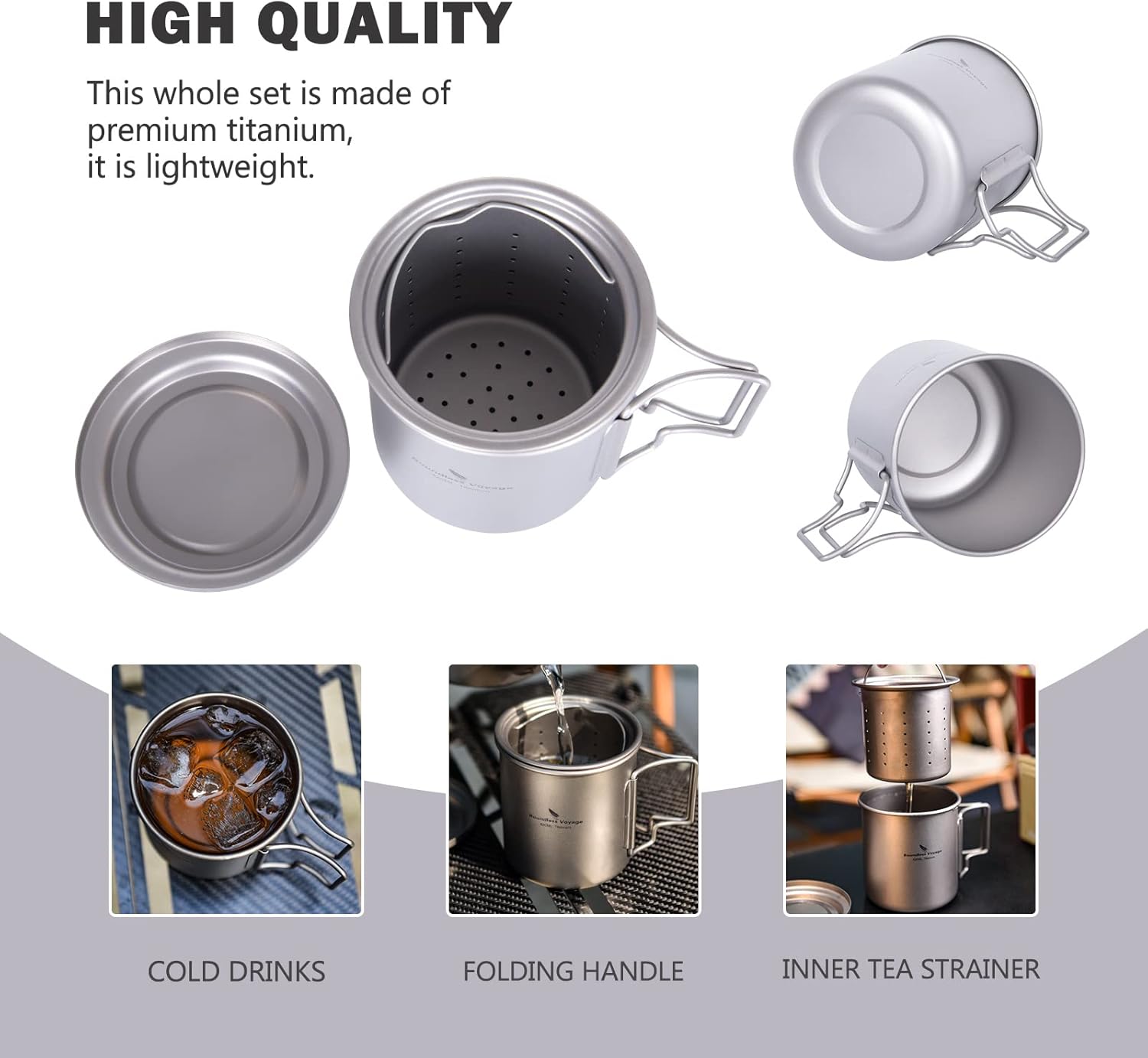 Boundless Voyage Single Layer Titanium Cup Portable Camping Picnic Water Cup Mug with Foldable Handle Lightweight Tea Cup with Tea Filter 420ml/14.2 fl.oz(Ti3054D)