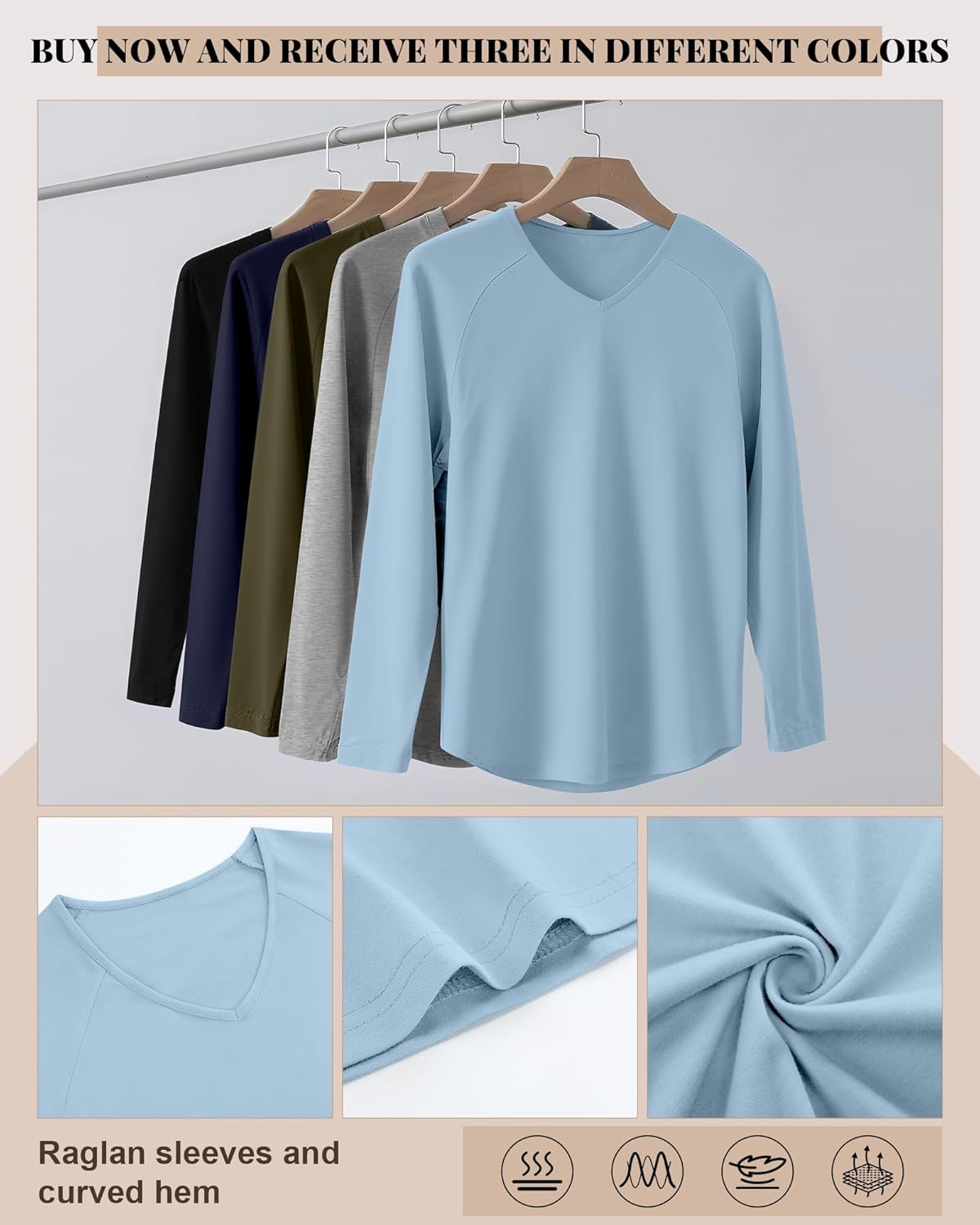 Riyiper 3 Pack Men's Long Sleeve T-Shirts V Neck Curved Hem Casual Raglan Shirts Stretch Lounge Basic Fall Plain Layer Tops - Image 6