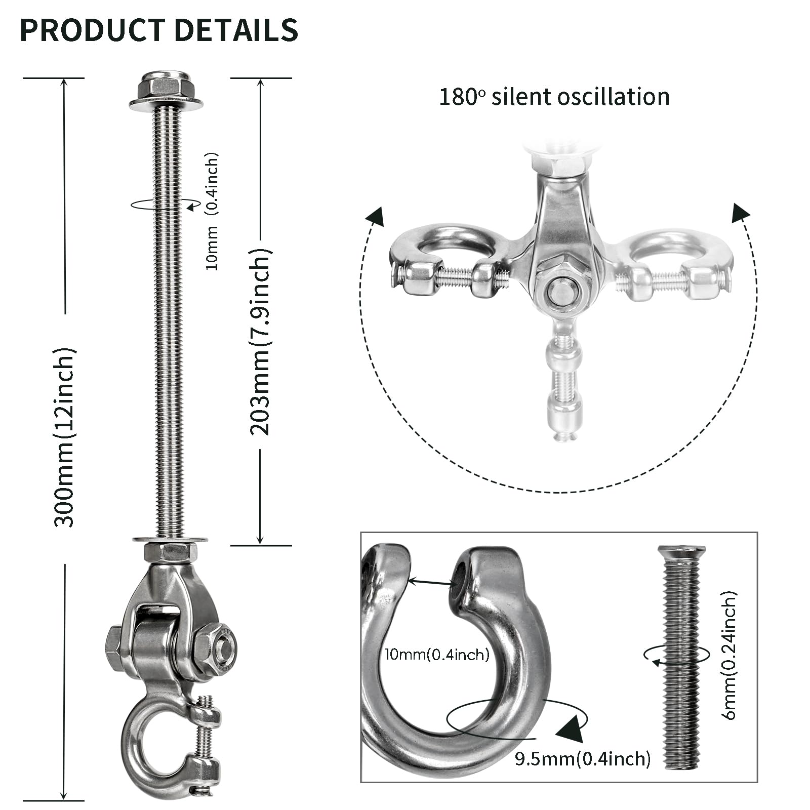 4 ganci per altalena, per travi in legno M10, in acciaio inox, fissaggio con cuscinetto, soffitto in cemento, poltrona sospesa per parco giochi, veranda, altalena, portata 675 kg