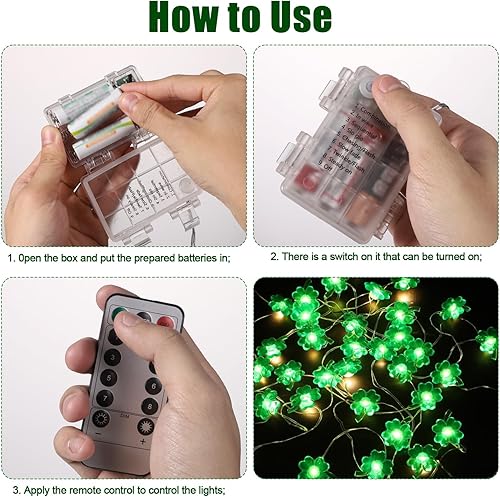 Miniatura 5 de PEUTIER Guirnalda de luces de 13.12 pies para el día de San Patricio con control remoto, funciona con pilas, luces de trébol verde de 4 hojas, 40