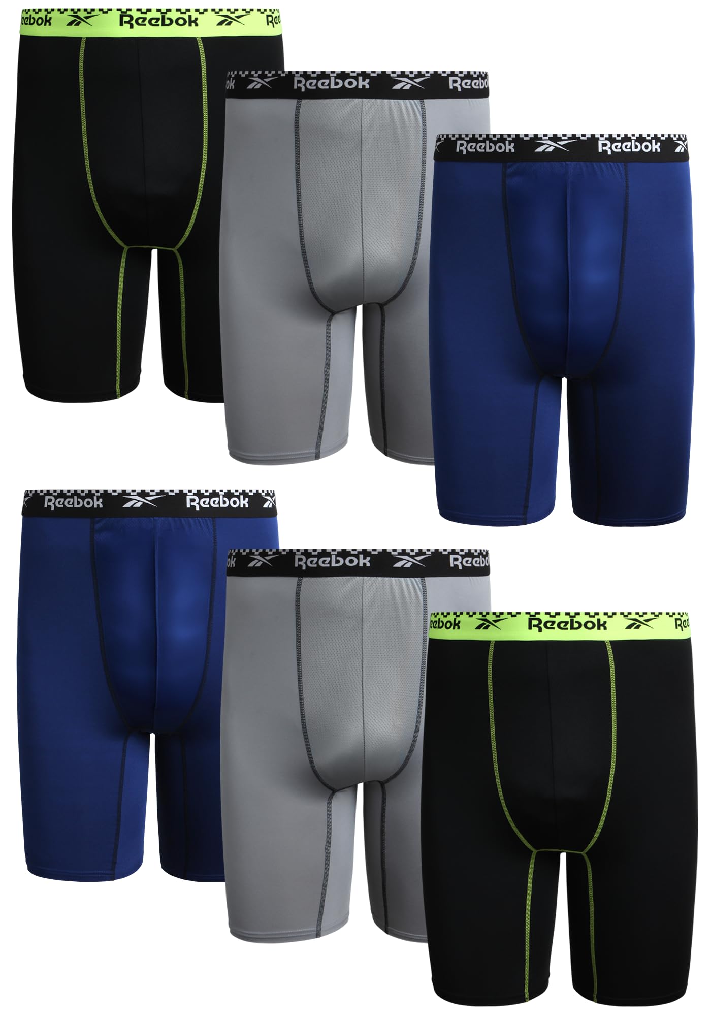 Reebok Mens Boxer Briefs - 6 Pack 9 Inseam Performance Compression Underwear for Men - Soft Mens Long