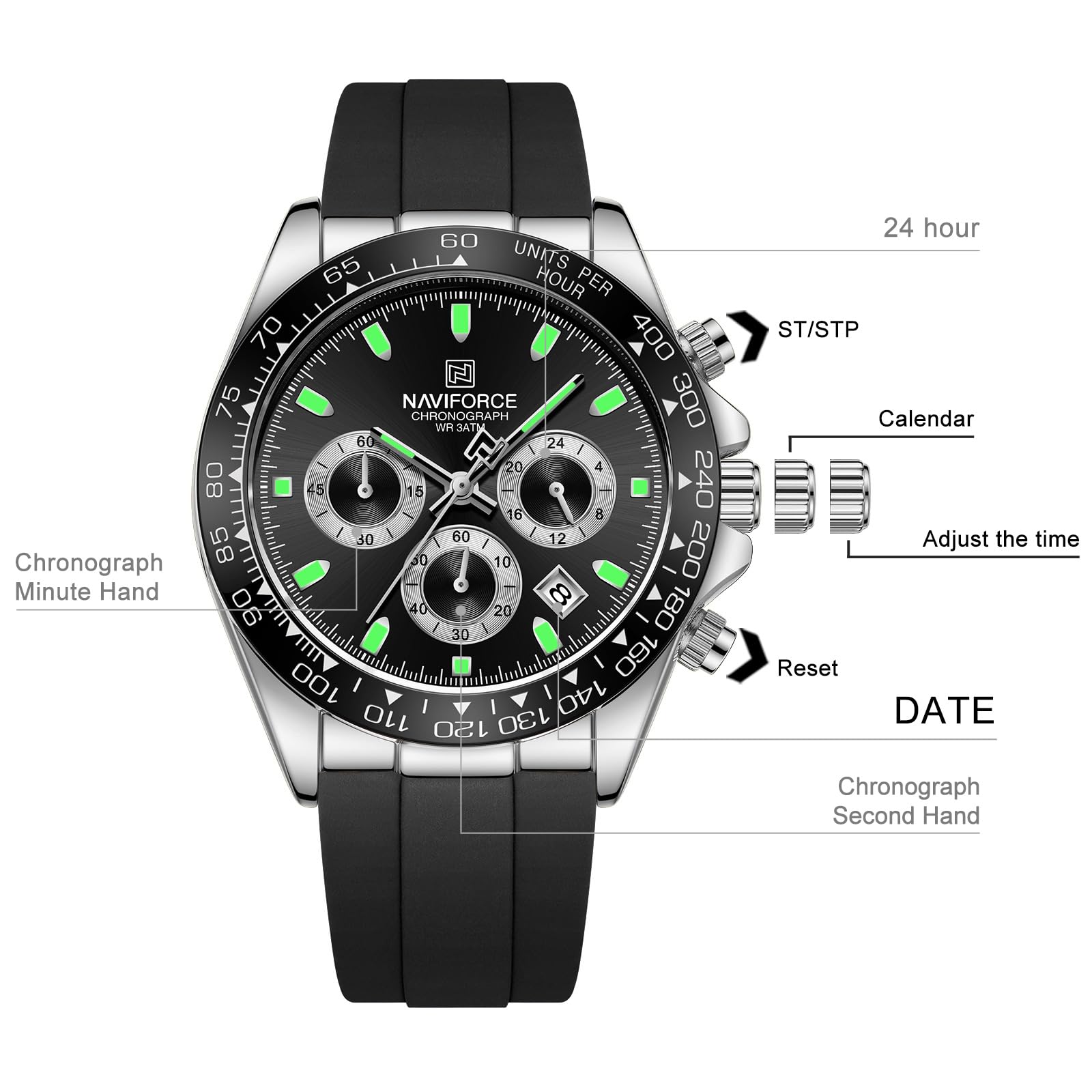 NAVIFORCE Watches for Men,Men's Business Chronograph Wrist Watch, Tachymeter Bezel, Silicone Strap, Date Display, Waterproof 3ATM,Gift - 4