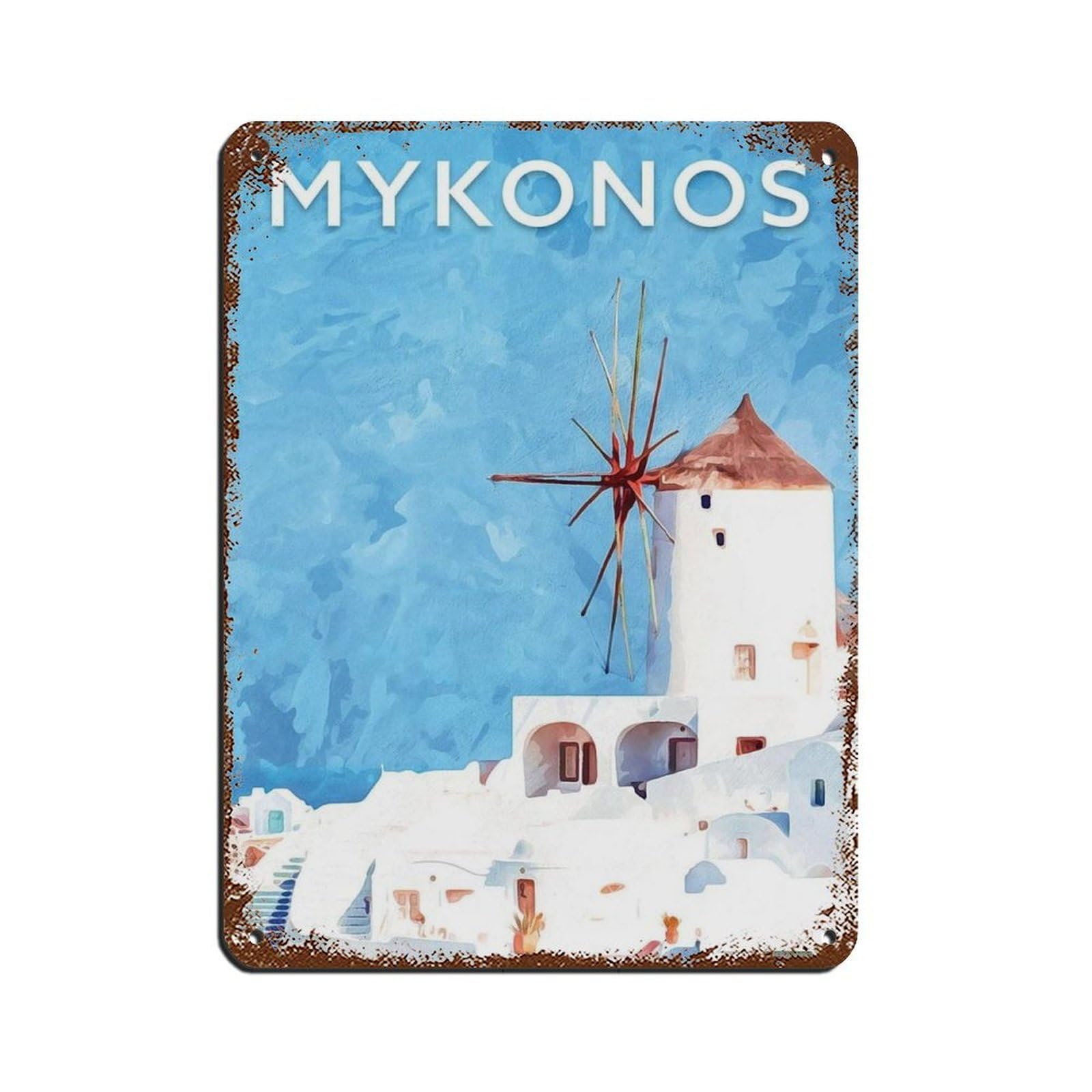 Mykonos Travel Poster, Greece Poster Tin Sign Vintage Metal Pub Club Cafe Bar Home Wall Art Decoration Poster Retro 12x16inch(30x40cm)