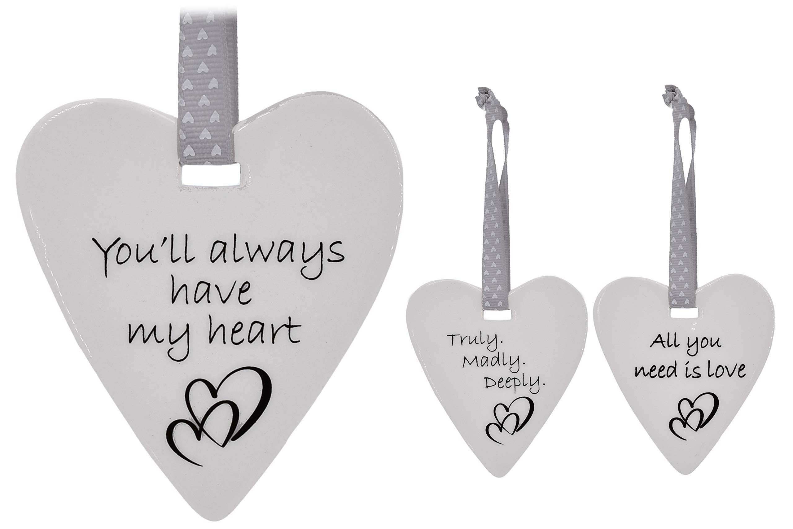 1X Truly Madly Deeply White Ceramic Hanging Heart Love Ribbon Hanger (Truly Madly Deeply)