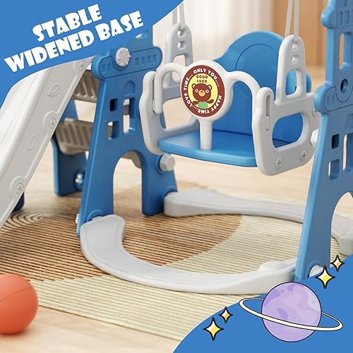Miniatura 3 de KORIMEFA Juego de toboganes y columpios 4 en 1 para niños, tobogán para niños pequeños con aro de baloncesto, columpio, parque infantil interior y