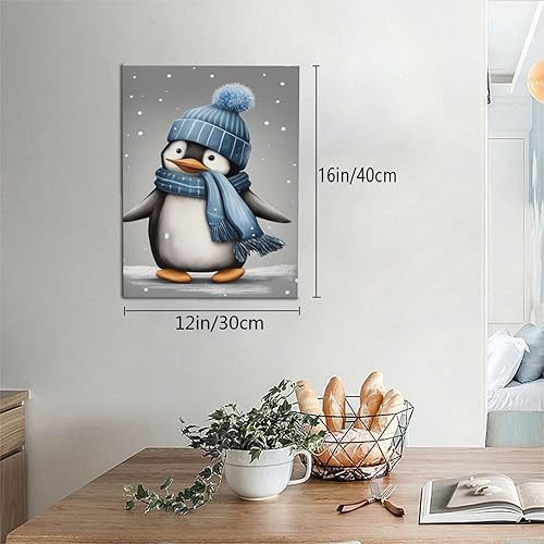 Miniatura 6 de WEASYYDS Lienzo decorativo para pared de pingüino gris de invierno, con sombrero azul, impresión de pingüinos, imagen de animales, decoración para