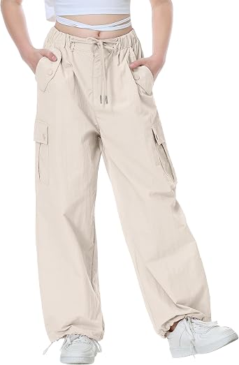 Rolanko Parachute Pants for Girls Y2K Cargo Trousers with Pockets Harajuku Jogger Pants Kids 4-14 Years