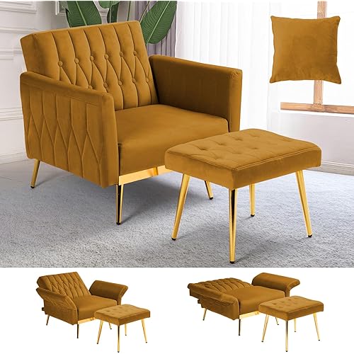 Velvet Accent Chair with Adjustable Armrests and Backrest, Button Tufted Lounge Chair, Single Recliner Armchair with Ottoman and Pillow for Living Room, Bedroom, Ginger