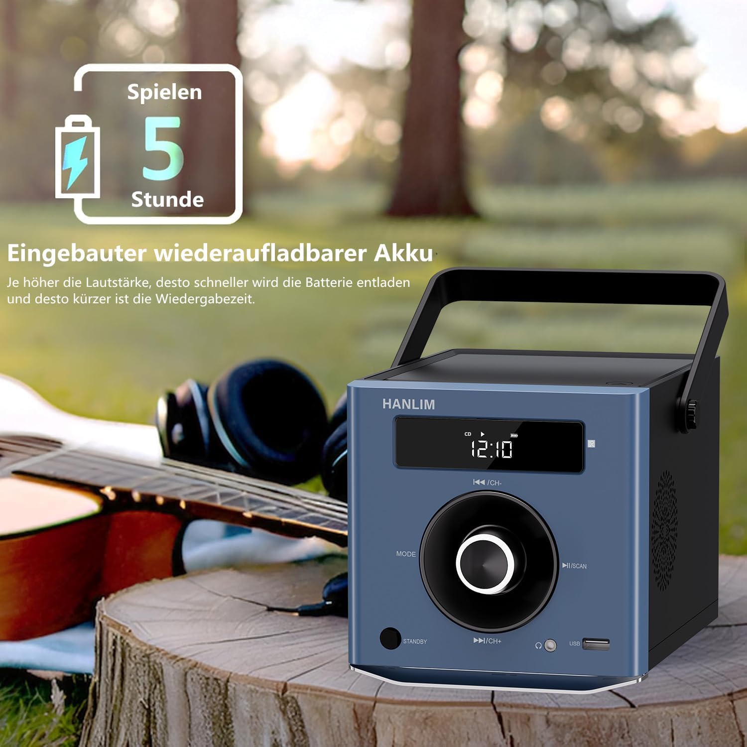 Image showing the HANLIM HL-108-A Portable CD Player outdoors, emphasizing its 5-hour built-in rechargeable battery life.