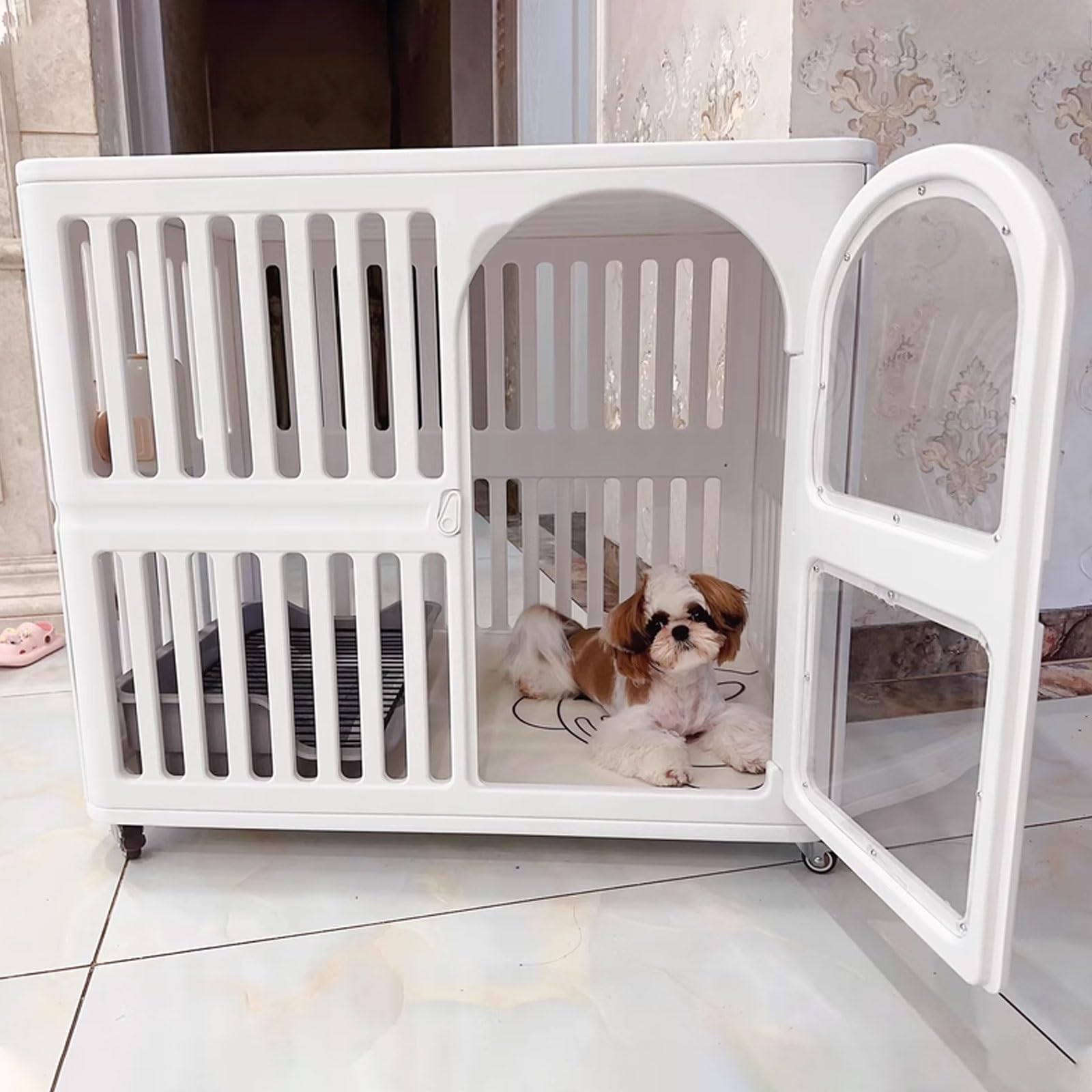 Gabbia per cani portatile di medie dimensioni con materiale in resina, ruote girevoli con freni, serratura della porta e porta trasparente per un facile accesso e conservazione superiore