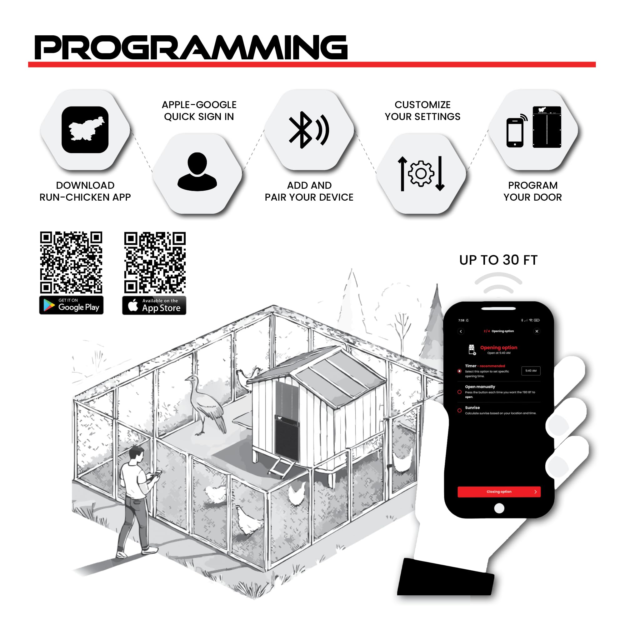 Run‑Chicken Door Giant Gray – Puerta automática Gris para gallineros Grandes, Funciona con Pilas AA, Control por App, Sensor de luz, Temporizador con retardo y Aluminio Resistente para Exteriores
