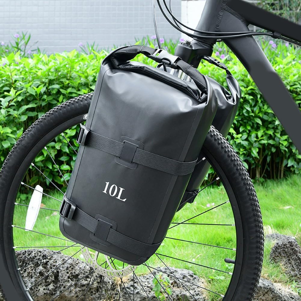 10 L Sac de fourche avant pour vélo avec support en métal, sacoche de route en nylon imperméable pour vélo, vélo électrique et scooter, support de montage réglable noir