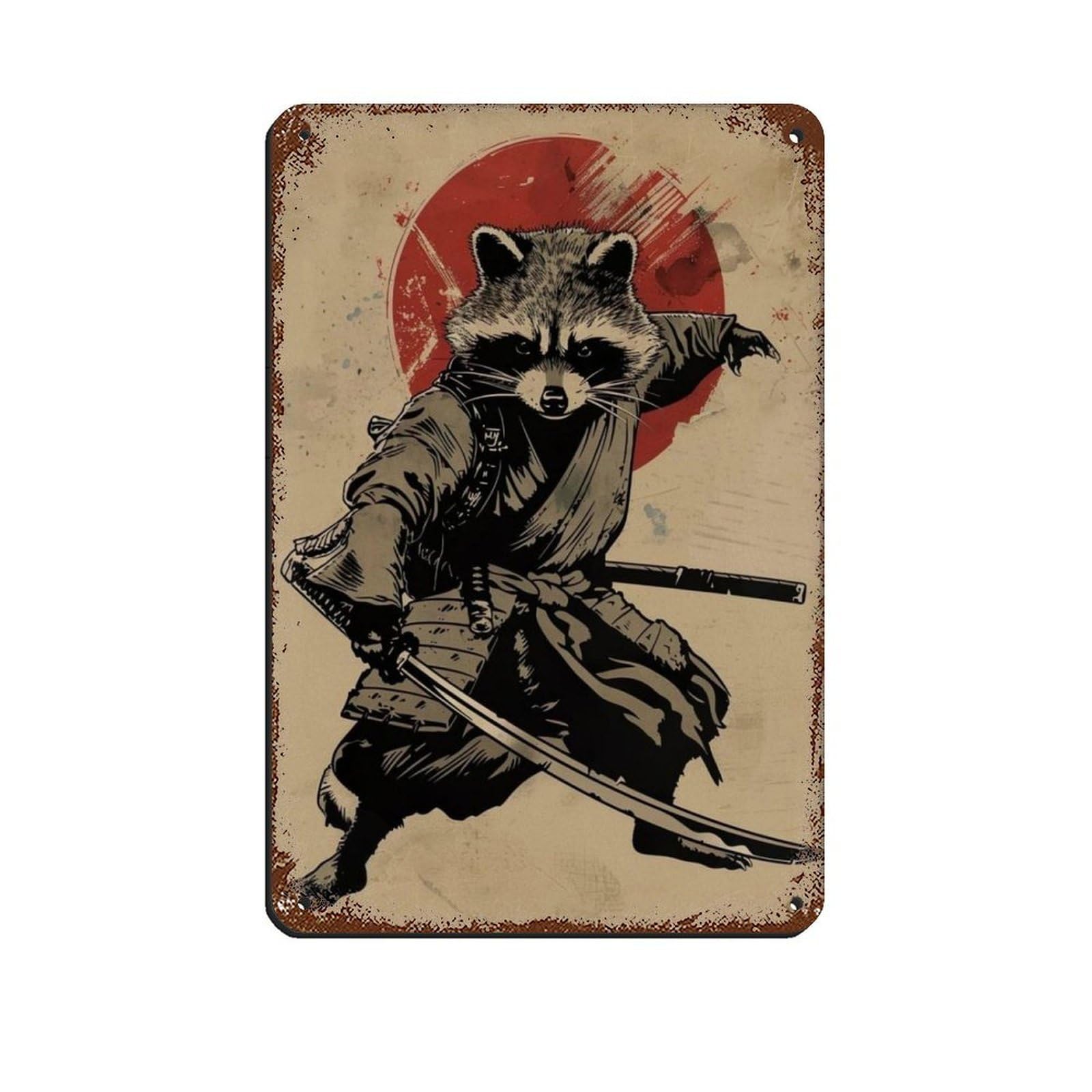 Ninja Raccoon Holding A Katana Sword, Retro Poster Metal Tin Sign Chic Art Retro Iron Painting Bar People Cave Cafe Family Garage Poster Wall Decoration 8x12inch(20x30cm)