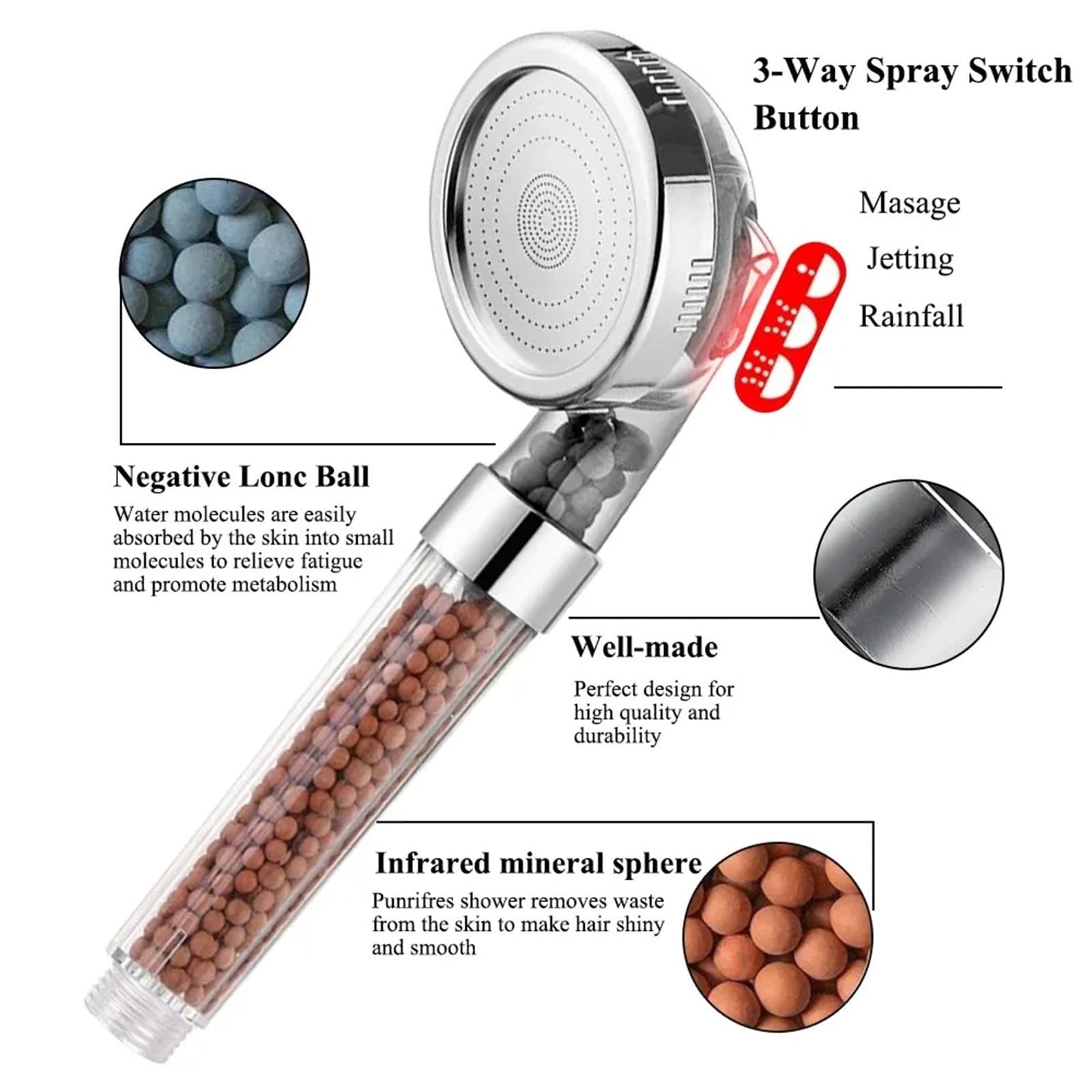 Cabezal de Ducha Cabezal de Ducha 3 Funciones SPA de Alta presión Ahorro de Agua Lluvia de Mano Accesorios de baño Filtro Ducha(Shower Head B)