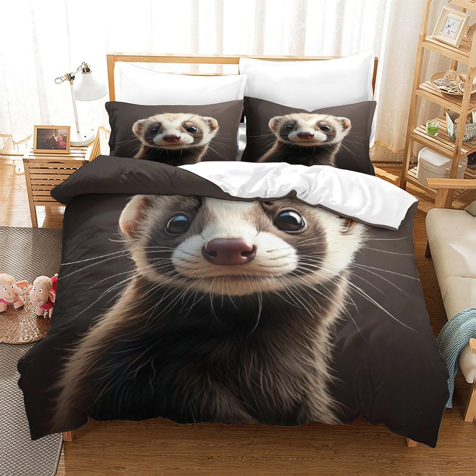 BARDYS Ferret Quilt Cover 3D Print Cute Animals Comforter Covers Duvet Cover for Teens And Adults Soft Microfiber Bedding Set with Pillow Cases with Zipper Closure 3 Pieces Super King（260x220cm）