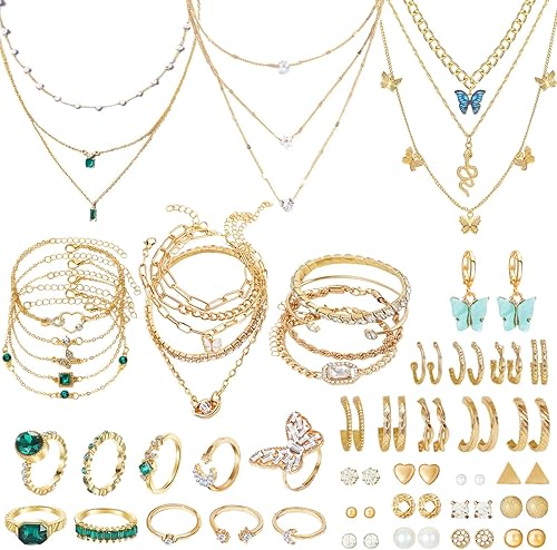 NEWITIN Juego de 93 piezas de joyería de oro para mujer, joyería de disfraces de moda, chapados en oro, collares, pulseras, anillos, aretes, juego