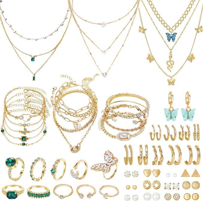 NEWITIN  | Juego de 93 piezas de joyería de oro para mujer, joyería de moda chapada en oro, collar y pulsera, anillo para mujer, Metal, Circonita cúbica