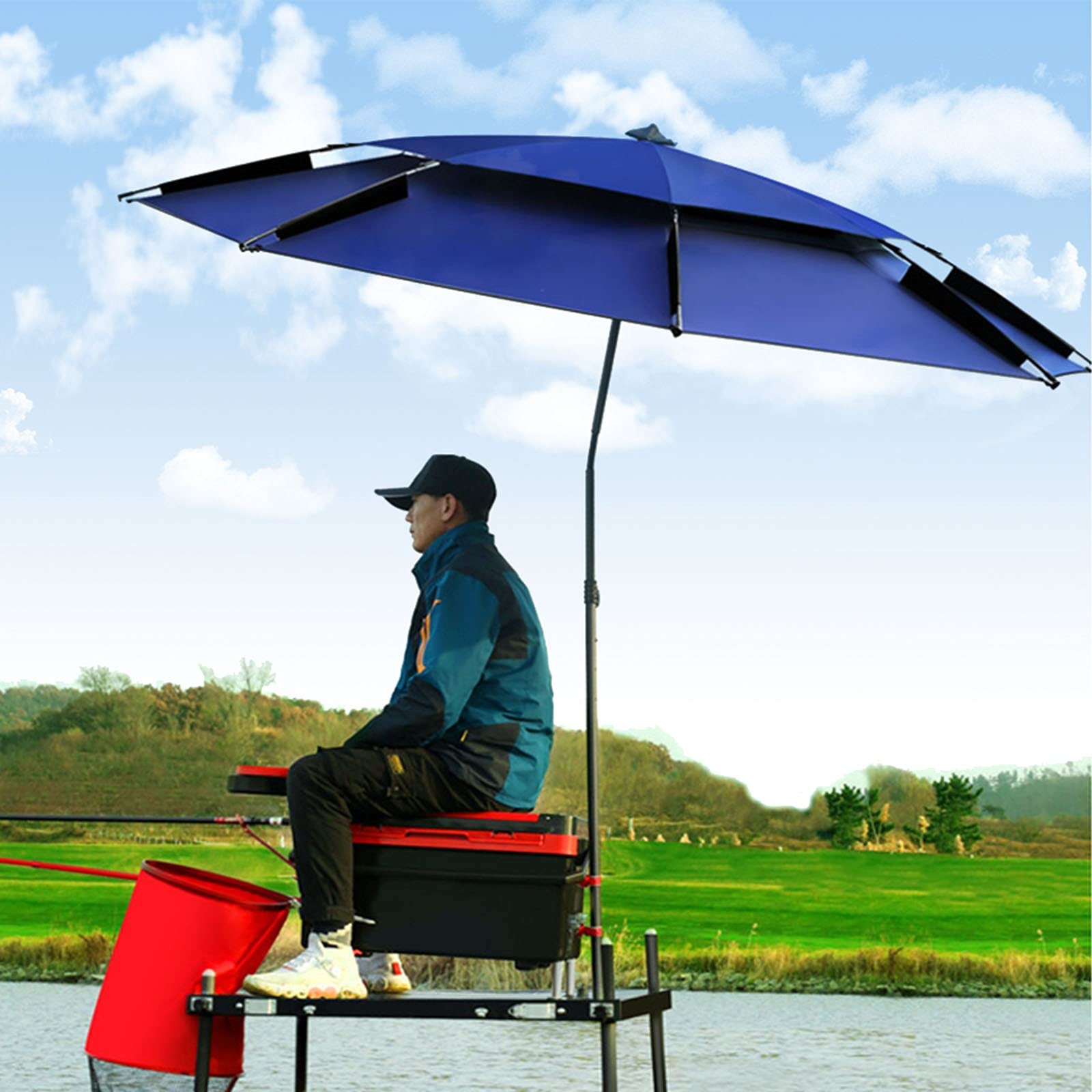 Sombrilla de Pesca con protección Solar, Anclaje para Arena y función de inclinación. Parasol Ligero de Color Azul. Varillas de Aluminio reforzadas con Bolsa de Transporte