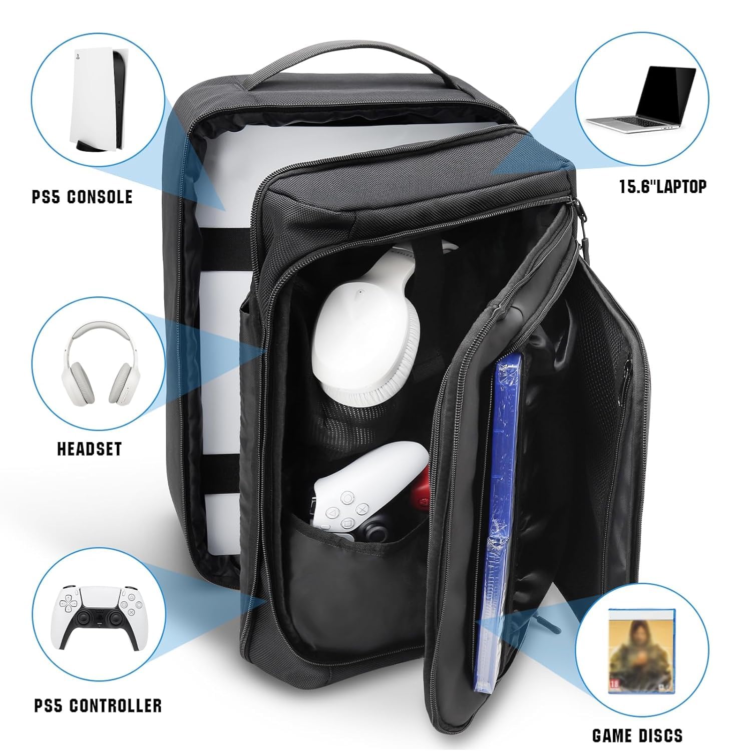 Zaino per console di gioco per PS5, custodia protettiva per il trasporto compatibile con console Plyastation5, base, laptop da 15,6", cuffie, controller PS5, altri dischi di gioco e accessori di