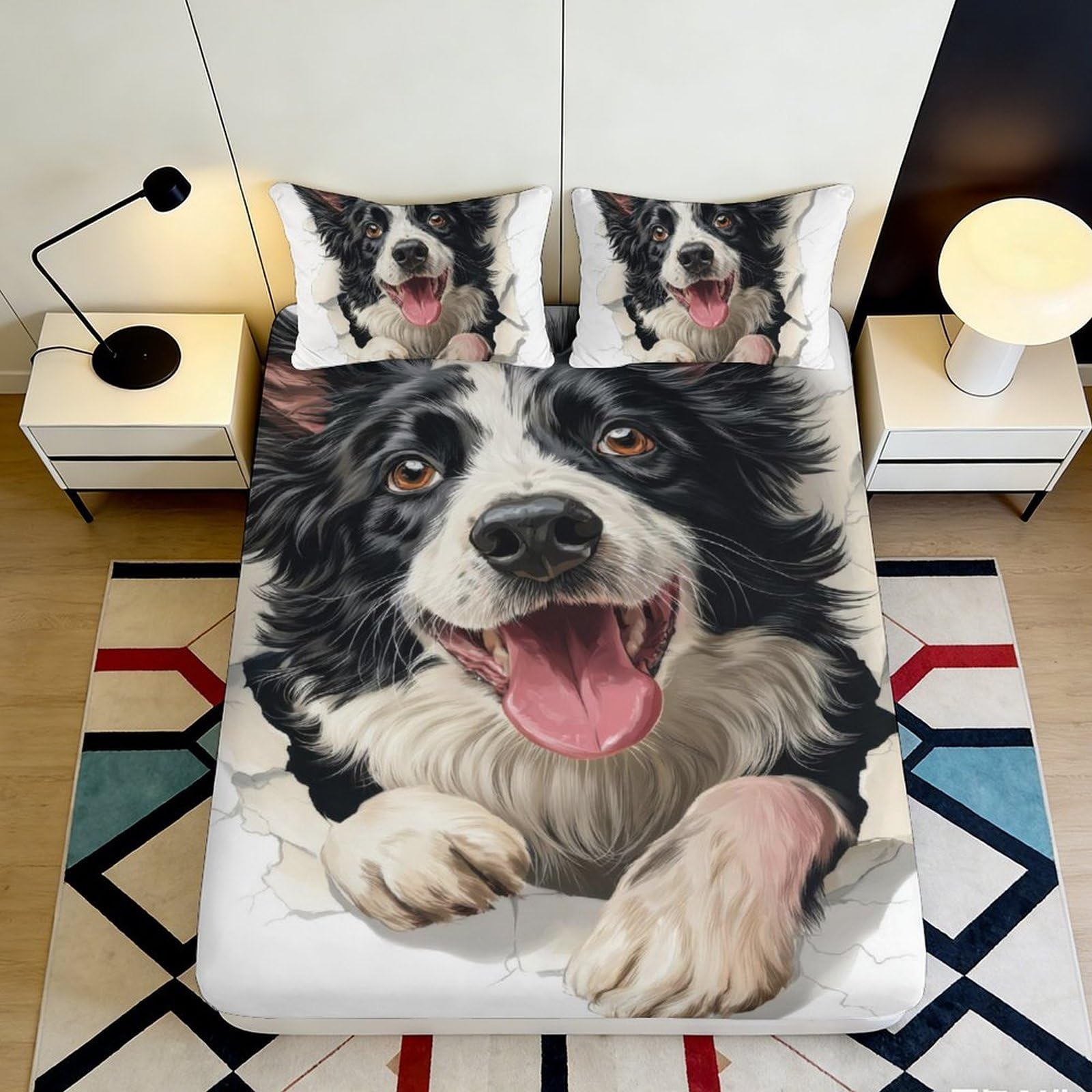 3D Printed Border Collie Fitted Sheet Microfiber Bedroom Decor Dog Pattern Bed Cover Anti-Slip Easy Care for Home Guest Room 90x200x25cm