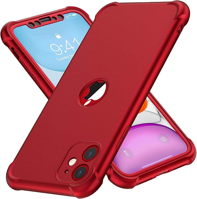ORETech Compatible with iPhone 11 Case, with [2 x Tempered Glass Screen Protector]360 Shockproof Heavy Duty Protection Ultra Thin Hard PC Silicone TPU Rubber Bumper Cover for iPhone 11(2019) - Red